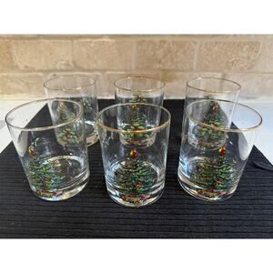 Set of 6 Spode CHRISTMAS TREE Santa Gold Rim 12 Oz Double Old Fashioned Glasses